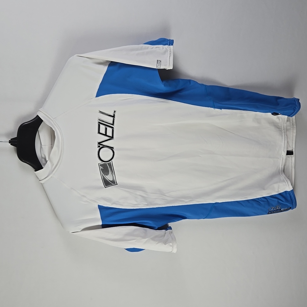 O'Neill Rash Guard Skins 6oz White Blue Short Sleeve‎ UV Protection Swim Shirt L